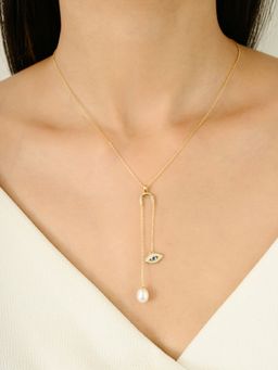 METALM - Yellow Gold Evil Eye Pearl Drop Pendant Necklace