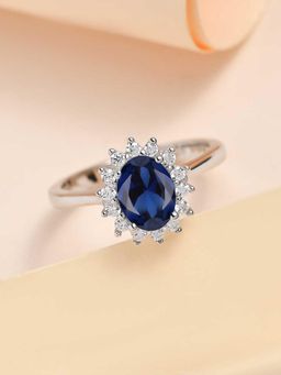Ornate Jewels - 925 Silver 1.5 Carat Oval Blue Sapphire Halo Ring for Women & Girls