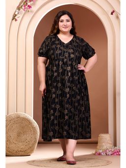 Desi Noor - Plus Size Black Lotus Printed Midi Dress
