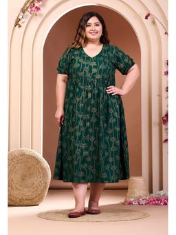Desi Noor - Plus Size Bottle Green Lotus Printed Midi Dress