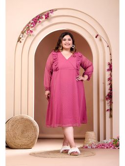 Desi Noor - Plus Size Coral Pink Dobby Print A-Line Midi Dress