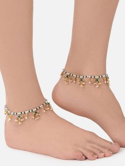 Zaveri Pearls - Green Crystal Beaded Ethnic Kundan Anklets (2 Payals)-(ZPFK11552)