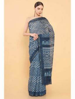 Soch - Women Blue Chanderi Printed Saree with Unstitched Blouse