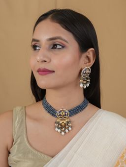 PINKCITY CRAFT - Midnight Blue Meenakari Pearl Drop Choker with Earrings