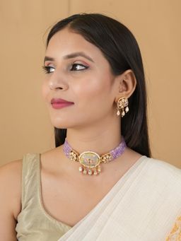 PINKCITY CRAFT - Lavender Bloom Meenakari Moissanite Choker with Earrings