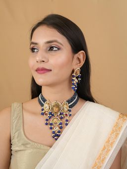 PINKCITY CRAFT - Royal Indigo Meenakari Kundan Choker with Earrings