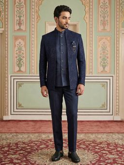 Jompers - Men Navy Blue Embellished Embroidered Bandhgala Waistcoat and Trouser