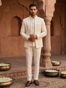 Jompers - Men Cream Embroidered Bandhgala Jacket with Waistcoat and Trouser