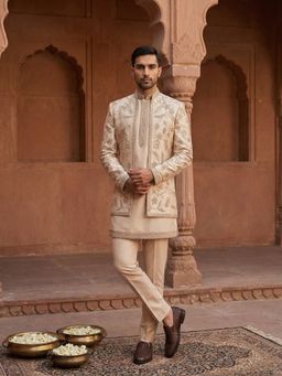 Jompers - Men Begie Embroidered Cotton Blend Sherwani Kurta and Trouser