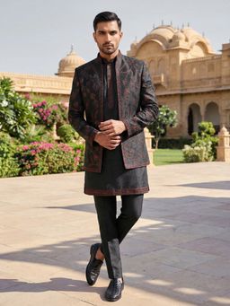 Jompers - Men Black Embroidered Cotton Blend Sherwani Kurta and Trouser