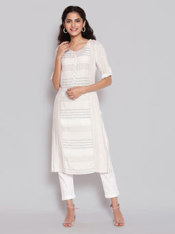 Aurelia - Beige Yarn-dyed Geometric Print Kurta