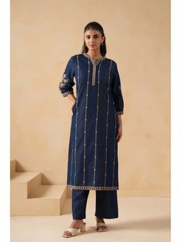 SAVI - Women Dark Navy Blue Embroidered Designer Kurta