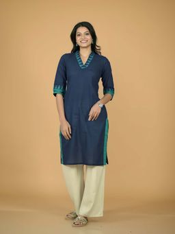 Stree Basics - Women Navy Blue Cotton Solid Printed Kurta