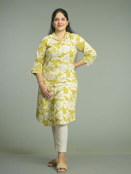 Stree Basics - Women Green Floral Printed Shirt Style Kurta