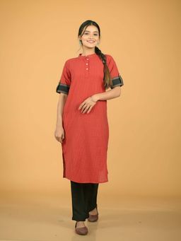 Stree Basics - Women Red Cotton Checks Printed Kurta