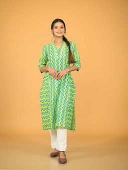 Stree Basics - Women Green Cotton Printed Kurta