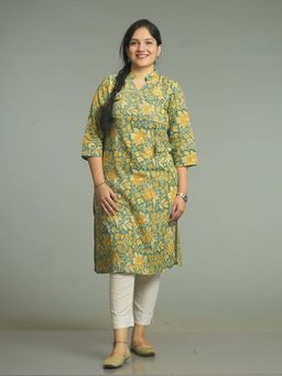 Stree Basics - Women Green Cotton Floral Printed Kurta