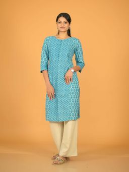Stree Basics - Women Blue Cotton Floral Printed Kurta