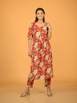 Stree Basics - Women Red Cotton Floral Printed Kurta