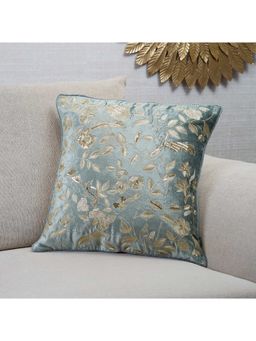 HomeTown - Indian Botanical Bird Zari Embroidered Cushion Cover 45 x 45 Cm in Sage Green Colour