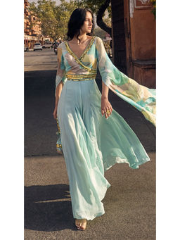 Basanti Kapde aur Koffee - The Aqua Resort Embellished Cape Sleeves Jumpsuit