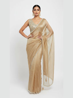 Basanti Kapde aur Koffee - Opaline Aura Embroidered Draped Saree with Stitched Blouse