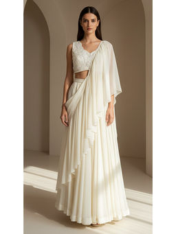 Basanti Kapde aur Koffee - Ivory Organza Embroidered Pleated Saree with Stitched Blouse