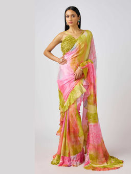 Basanti Kapde aur Koffee - Pink Chinon Embroidered Draped Saree with Stitched Blouse