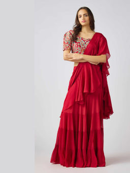 Basanti Kapde aur Koffee - Red Chinon Embroidered Pre- Draped Saree with Stitched Blouse