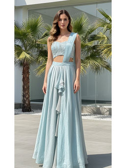 Basanti Kapde aur Koffee - Blue Crushed Tissue Draped Saree with Stitched Blouse