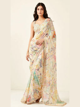 Basanti Kapde aur Koffee - Multi-Color Printed Draped Saree with Stitched Blouse