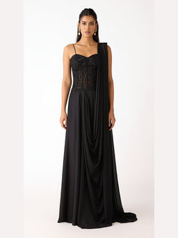 Basanti Kapde aur Koffee - Black Chantley Net Draped Saree with Corset Stitched Blouse