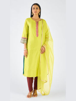 Basanti Kapde aur Koffee - Lime Chanderi Embroidered Kaftan with Pant and Dupatta