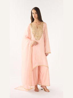 Basanti Kapde aur Koffee - Peach Cotton Silk Thread Work Kurta with Palazzo and Dupatta