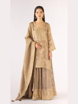 Basanti Kapde aur Koffee - Grey Banarasi Embroidered Kurta with Sharara and Dupatta