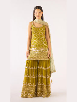 Basanti Kapde aur Koffee - Lime Georgette Embroidered Kurta with Sharara and Dupatta