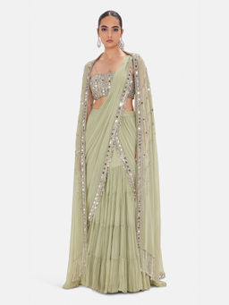 Basanti Kapde aur Koffee - The Imperial Pista Draped Saree With Stitched Blouse and Cape