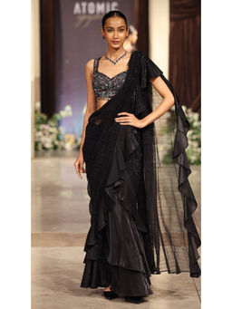 Basanti Kapde aur Koffee - Black Embroidered Draped Saree with Stitched Blouse