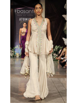 Basanti Kapde aur Koffee - The Essence Of Pearl Embroidered Kurta with Sharara and Dupatta