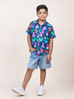 JILMIL - Boys Navy Blue Dinasour Printed Cotton Shirt