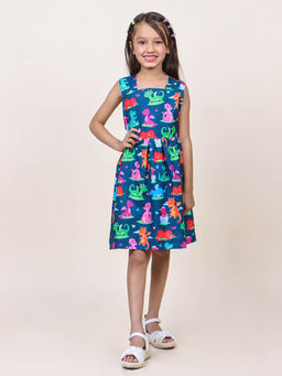 JILMIL - Girls Navy Blue Animal Printed Cotton Dress