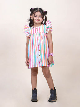 JILMIL - Girls Multicolor Stripes Cotton Mini Dress