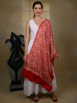EXOTIC INDIA - Women'S Kashmiri Pure Woolen Aari Thread Work Blood Red Stole