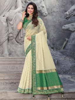 Odette - Off White Banarasi Silk Floral Designer Saree with Unstitched Blouse