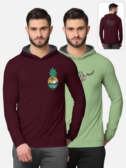 BULLMER - Printed Full Sleeve Hooded T-shirt For Men Burgundy And Green (Pack of 2)