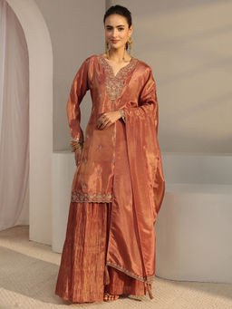 Libas Art - Women Embroidered Tissue Kurta and Palazzo with Dupatta