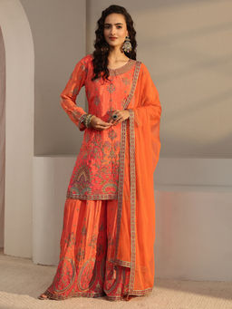 Libas Art - Women Embroidered Silk Blend Kurta and Palazzo with Dupatta