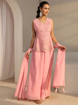 Libas Art - Women Embroidered Georgette Kurti and Palazzo with Dupatta