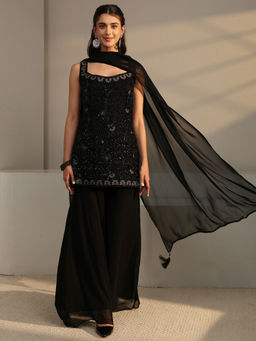 Libas Art - Women Embellished/Sequined Georgette Kurti and Palazzo with Dupatta