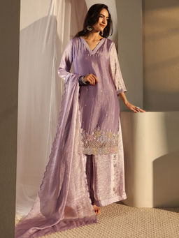 Libas Art - Women Embroidered Tissue Kurta and Palazzo with Dupatta
